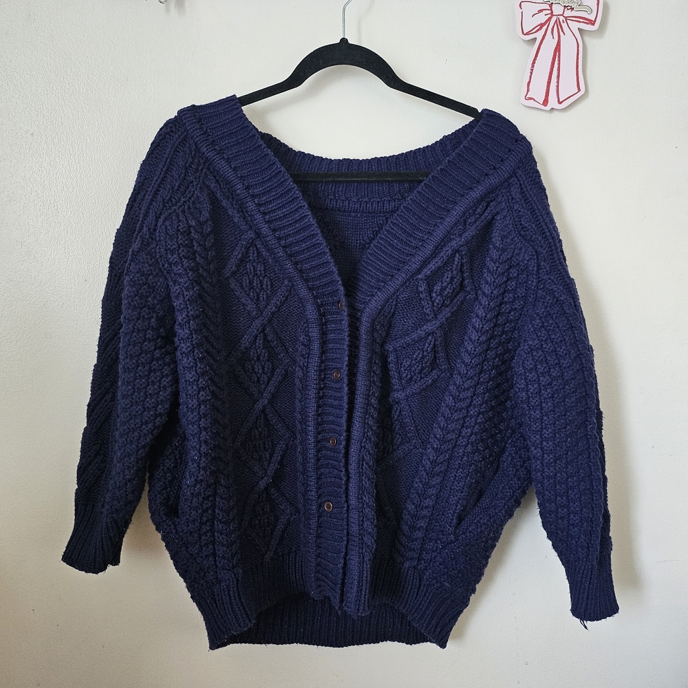 Navy Blue Cable Knit Balloon Women's Sweater